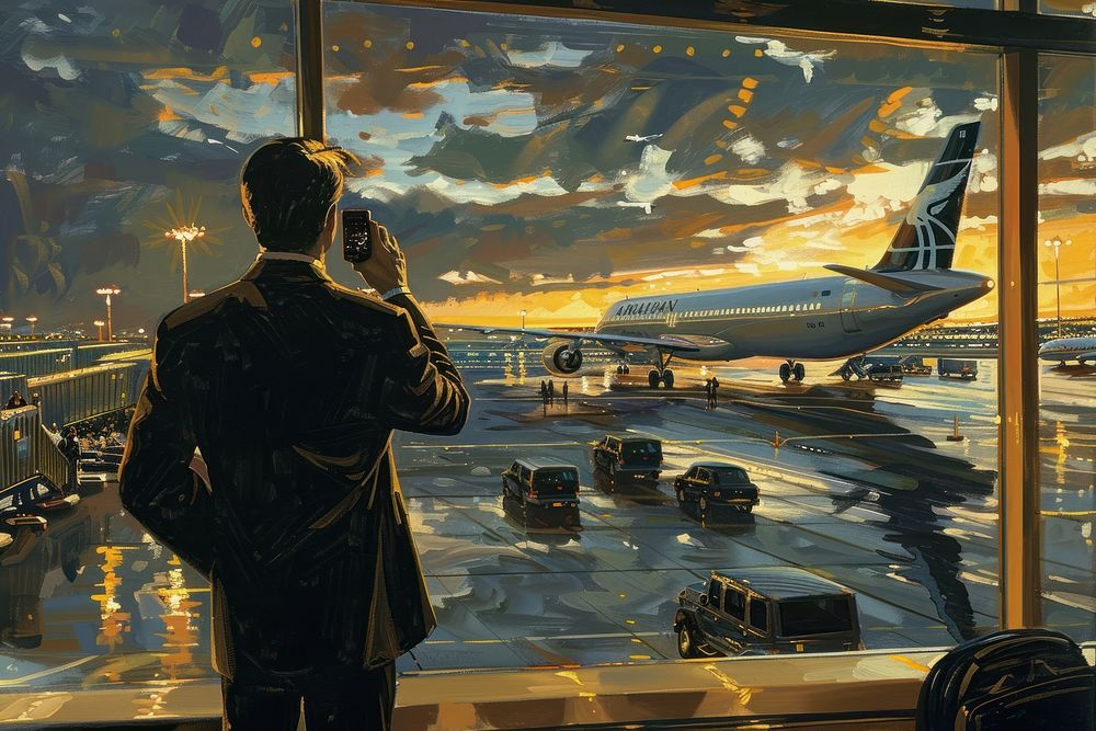 Businessman talking on his cellphone in the middle of an airport airplane aircraft vehicle.