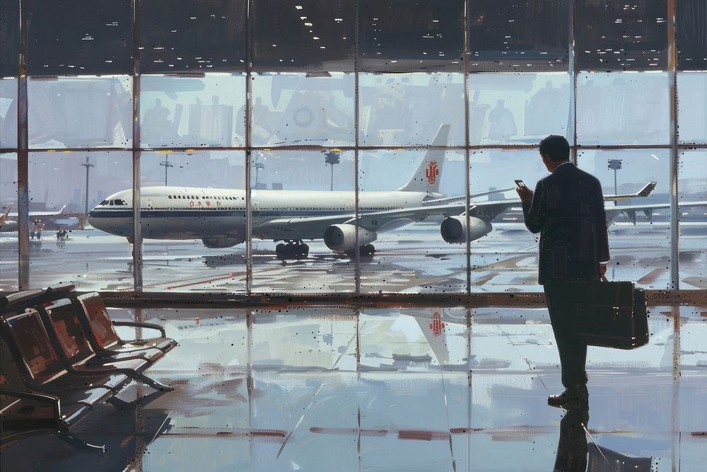 Businessman talking on his cellphone in the middle of an airport airplane aircraft vehicle.