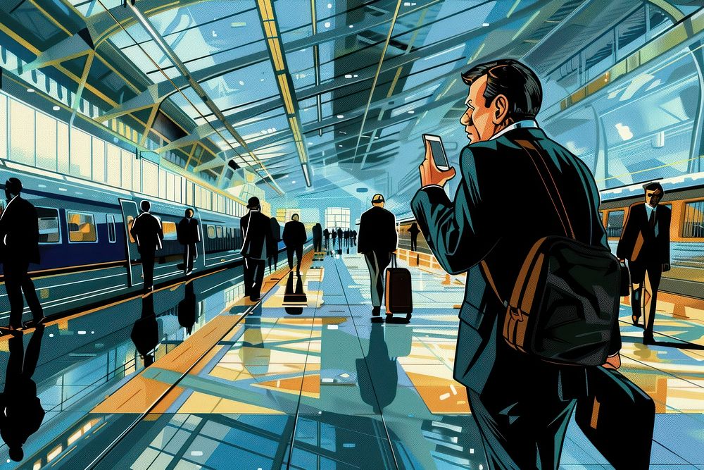 Businessman talking on his cellphone in the middle of an airport adult transportation architecture.