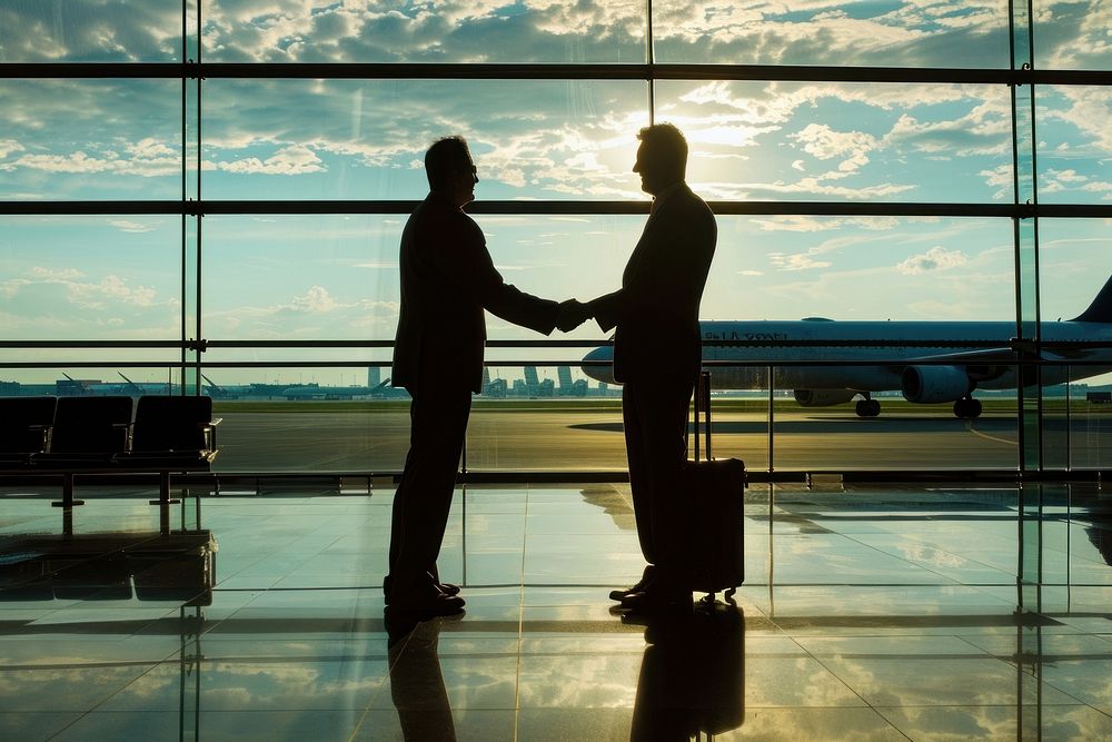 Businessmen making handshake with partner at airport greeting adult transportation.