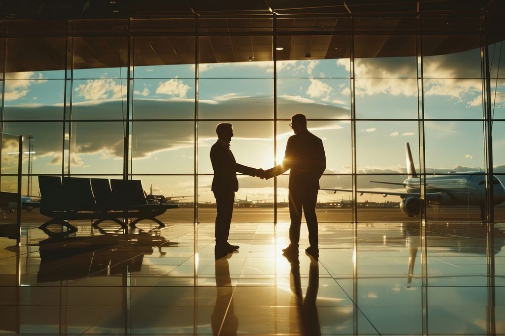 Businessmen making handshake with partner at airport aircraft airplane vehicle.