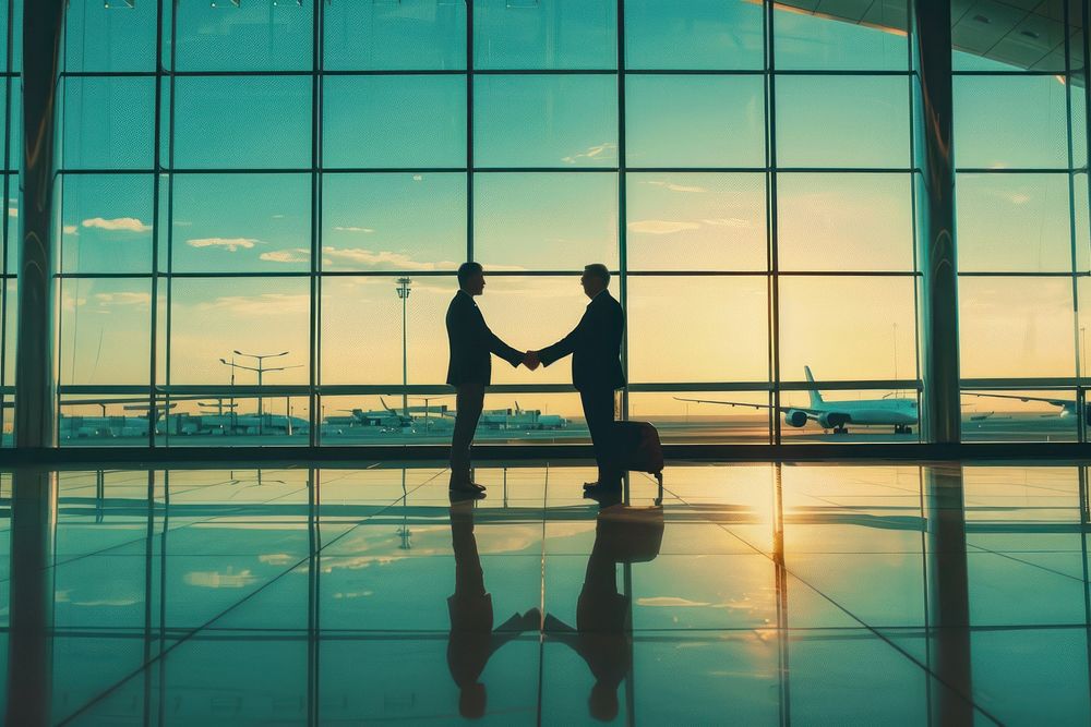 Businessmen making handshake with partner at airport transportation architecture silhouette.