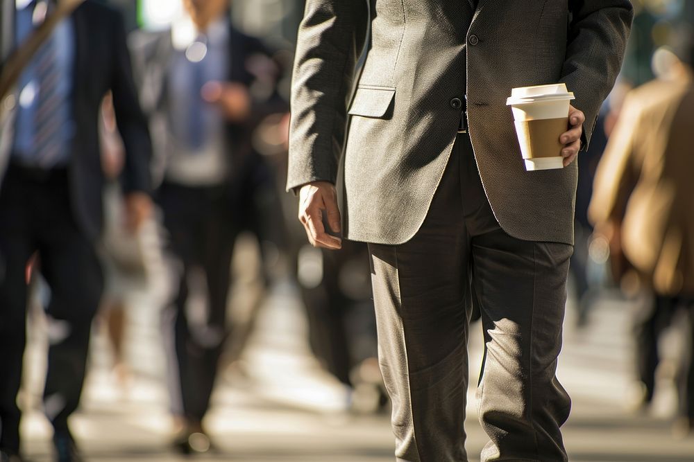 Businessmen walking past crowds with coffee cup street blazer adult.
