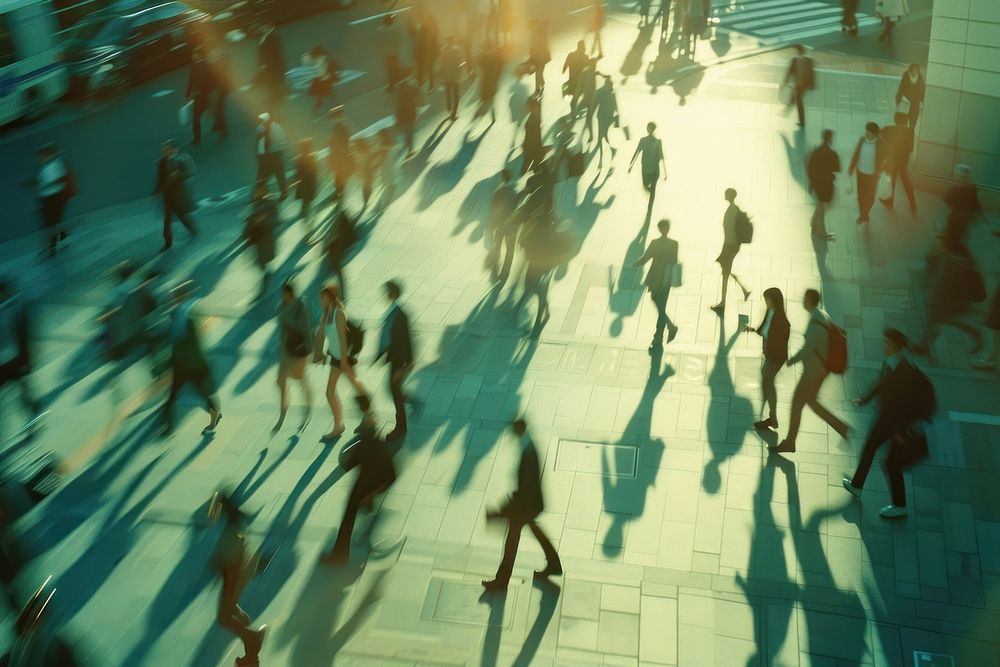 Businesspeople crowd splinter on street walking motion city.