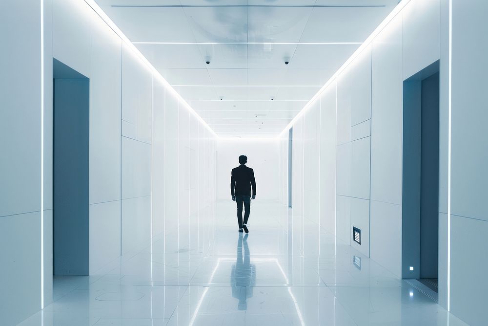 Businessperson standing on an empty hallway floor corridor architecture building walking.