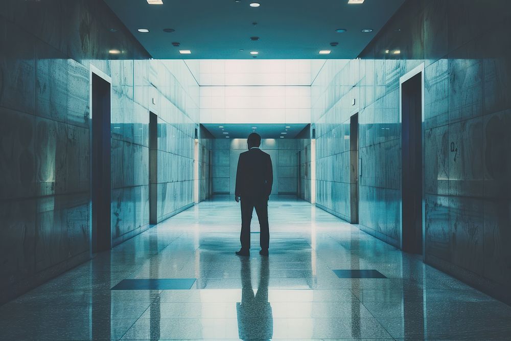 Businessperson standing on an empty hallway floor corridor architecture building walking.