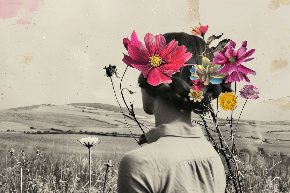 Paper collage of countryside flower portrait outdoors.