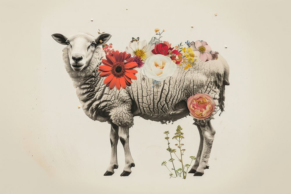 Paper collage of sheep flower livestock animal.