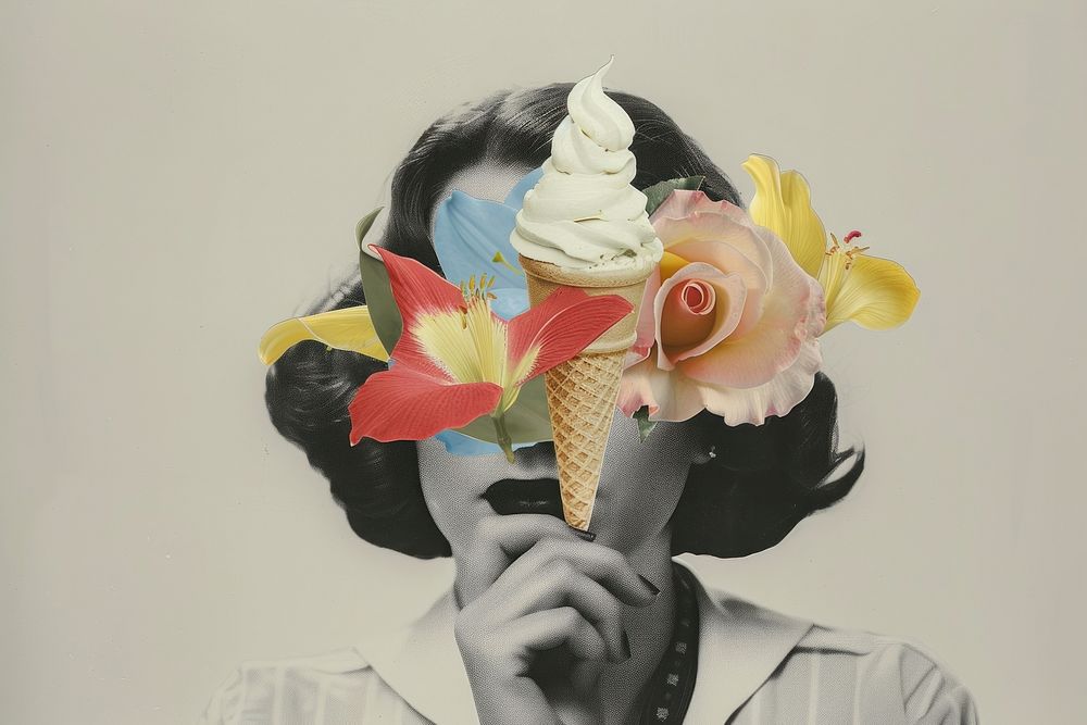 Paper collage of ice cream flower headshot portrait.