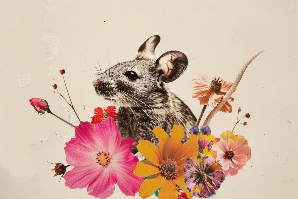 Paper collage of mouse flower drawing animal.