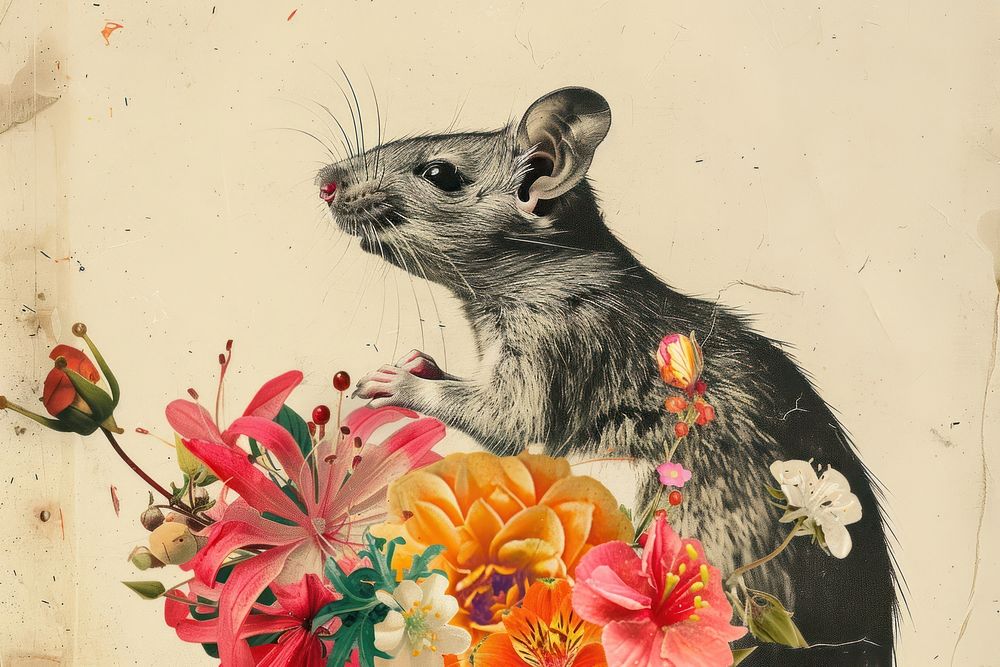 Paper collage of mouse flower animal mammal.