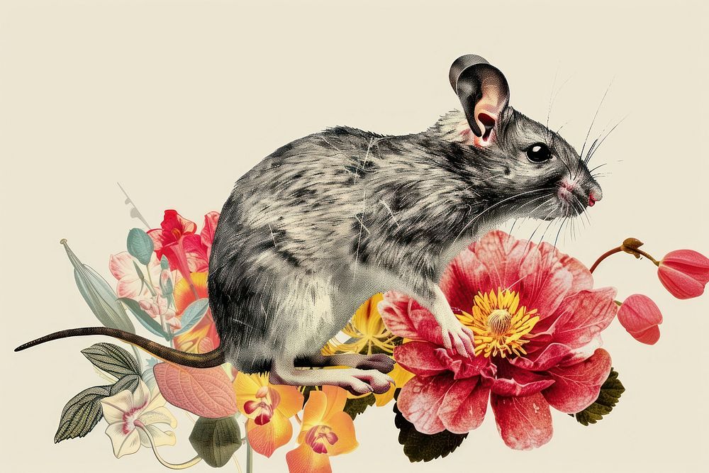 Paper collage of mouse flower animal rodent.