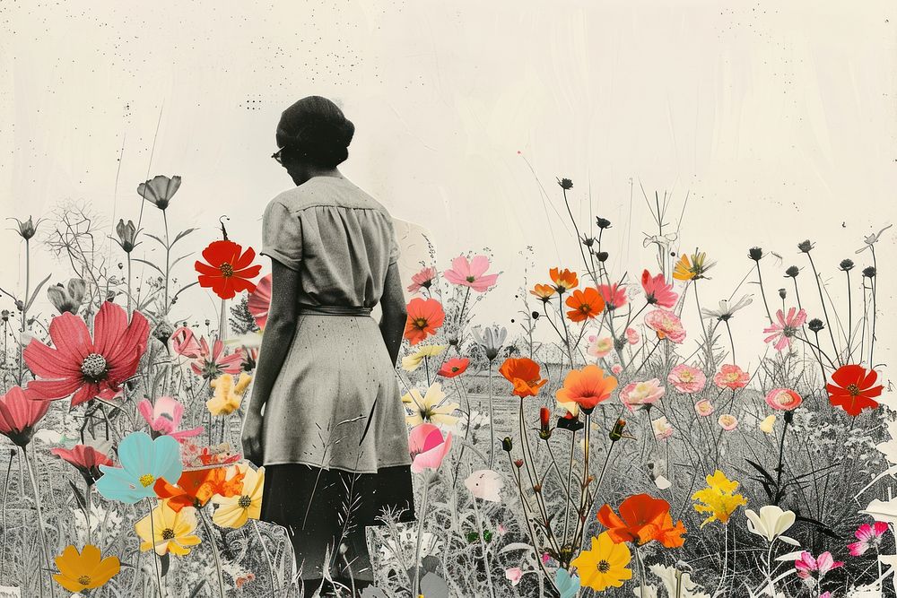 Paper collage of countryside flower standing outdoors.