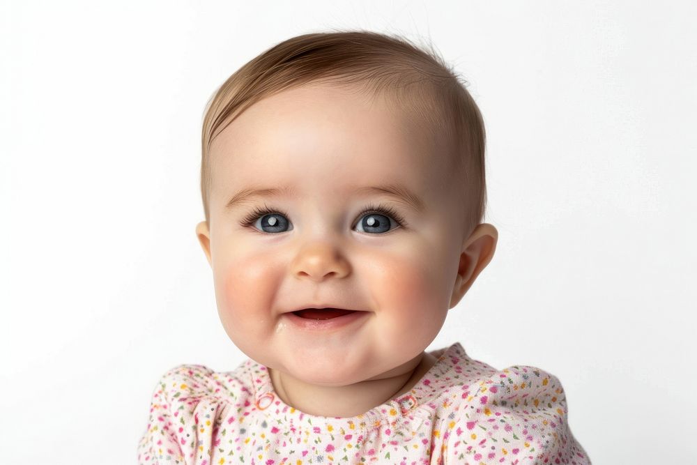 Happy baby portrait smile white background.