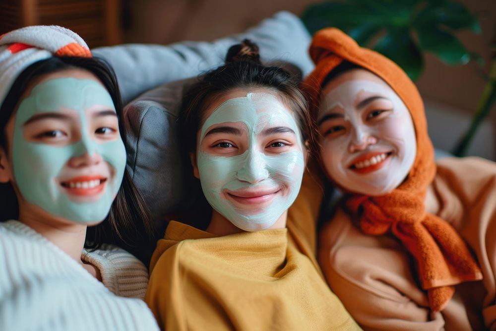 Friends wearing facial masks adult happy togetherness.