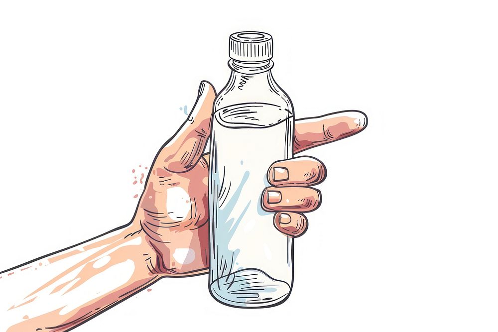 Human hand holding bottle drawing cartoon sketch.