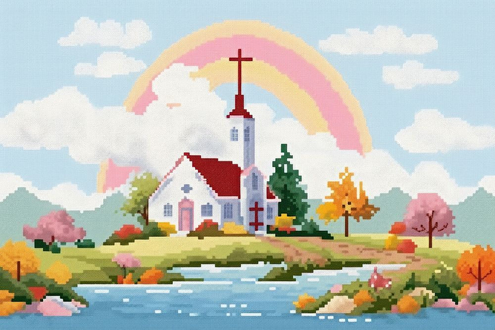 Cross stitch church landscape outdoors painting.