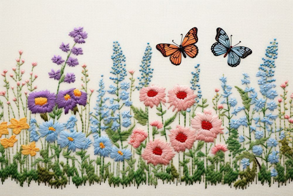 Cross stitch butterfly garden embroidery pattern plant.