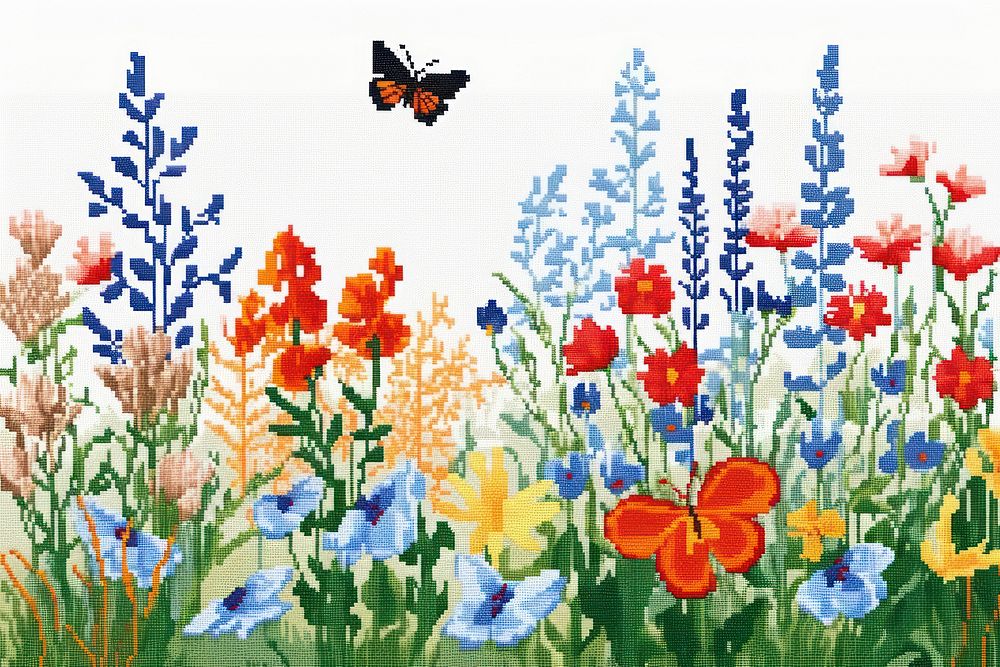 Cross stitch butterfly garden outdoors painting pattern.