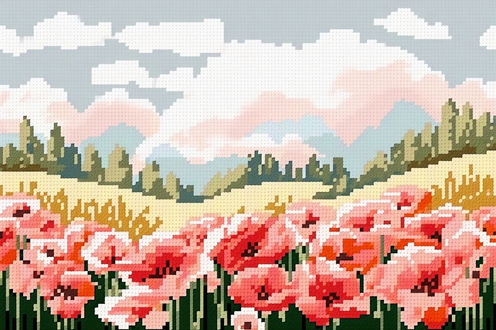 Cross stitch flower field backgrounds landscape pattern.