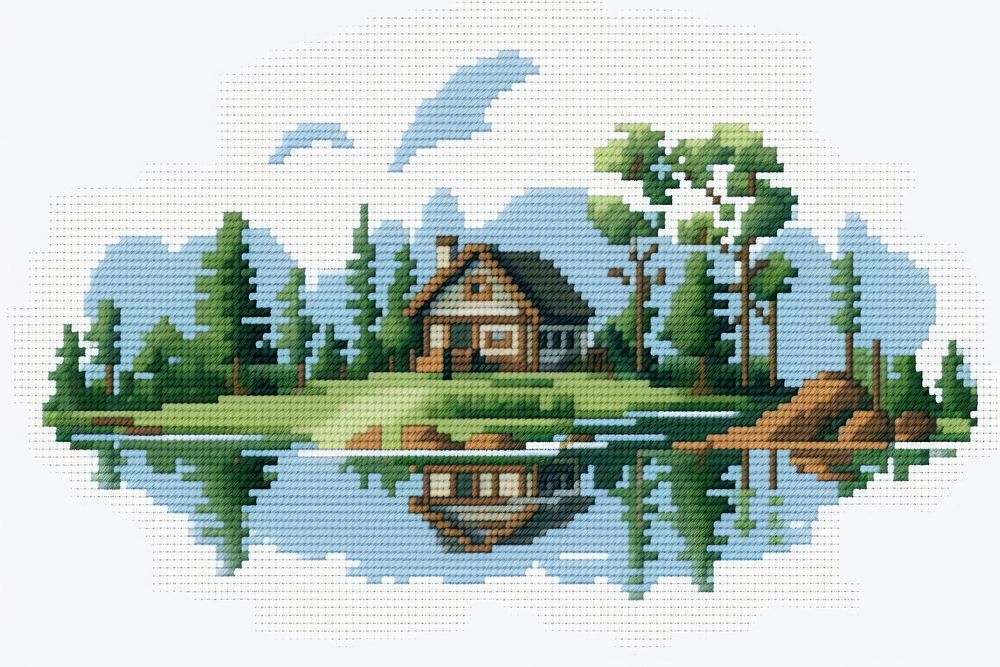 Cross stitch house architecture embroidery landscape.