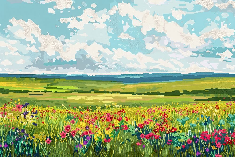 Cross stitch summer flowers field landscape backgrounds grassland.