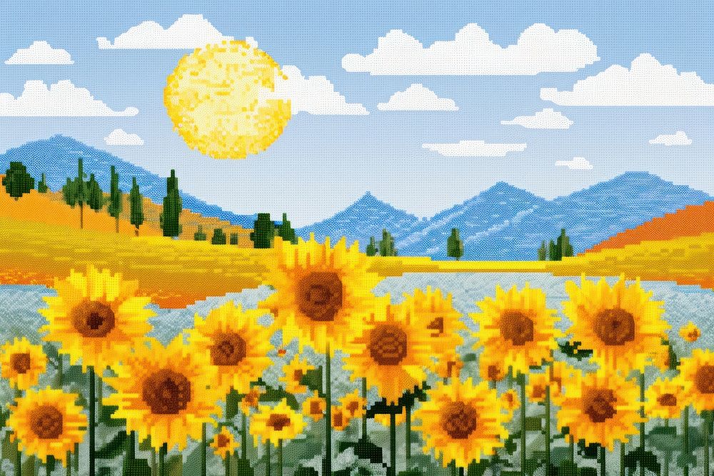Cross stitch sunflowers landscape outdoors nature.