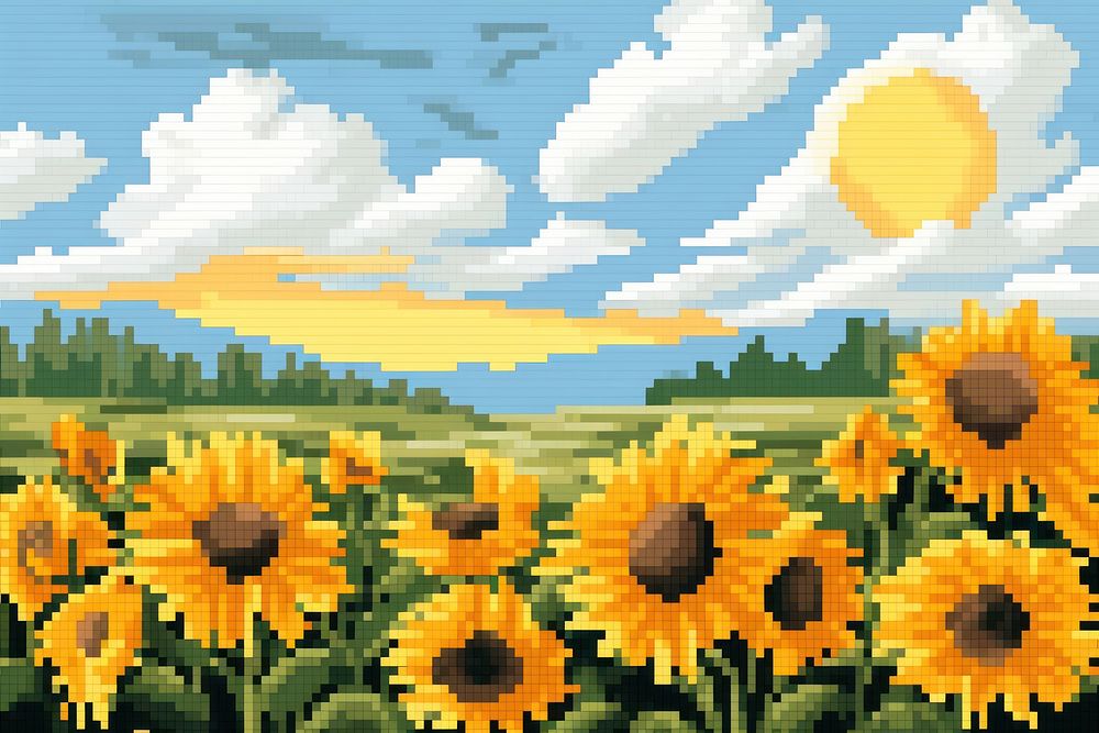 Cross stitch sunflowers landscape backgrounds outdoors.