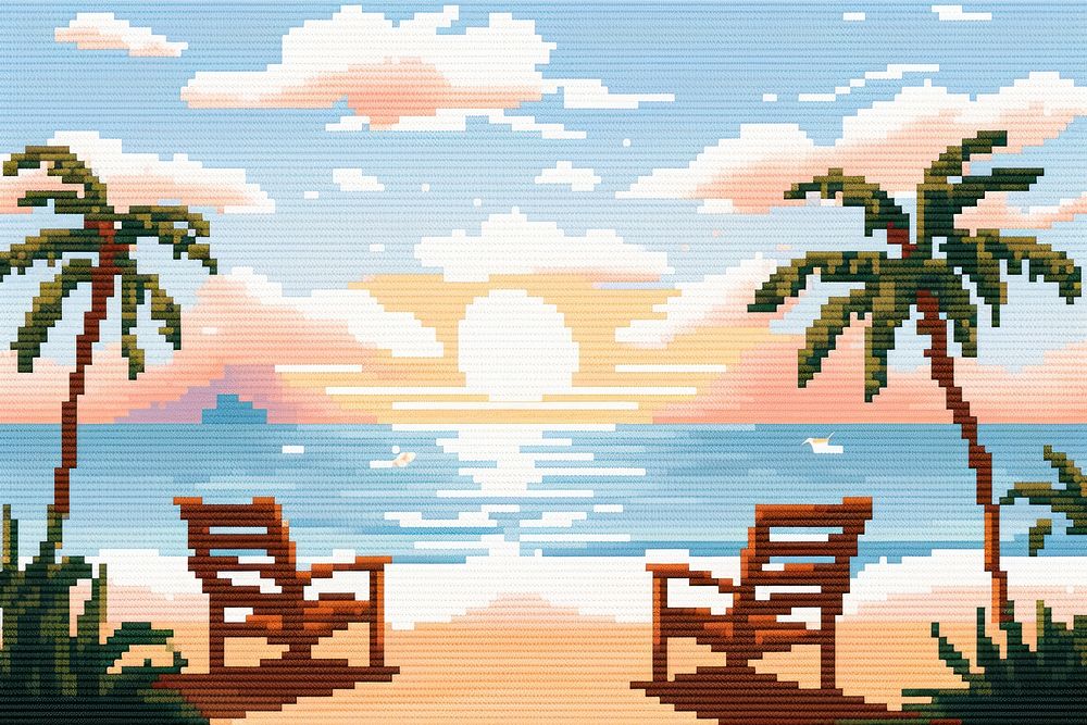 Cross stitch Sunny beach backgrounds furniture landscape.