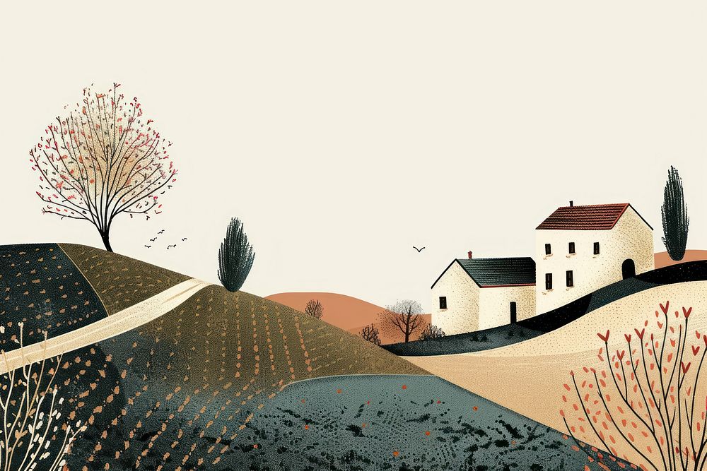 Drawing countryside architecture landscape building.