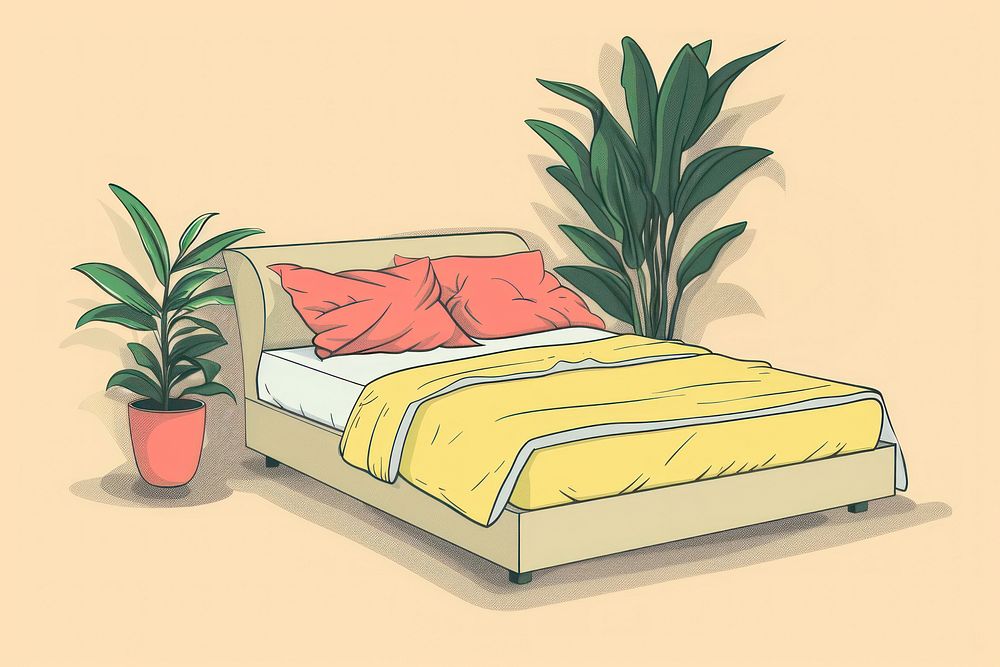 Drawing bed furniture cushion bedroom.