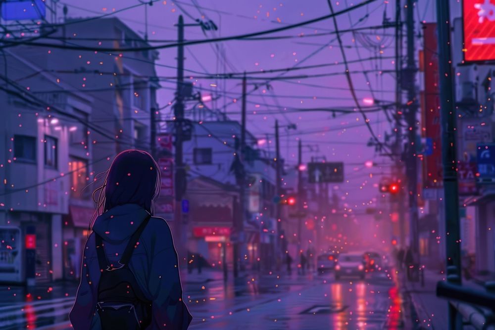 Japan art rain cityscape light.