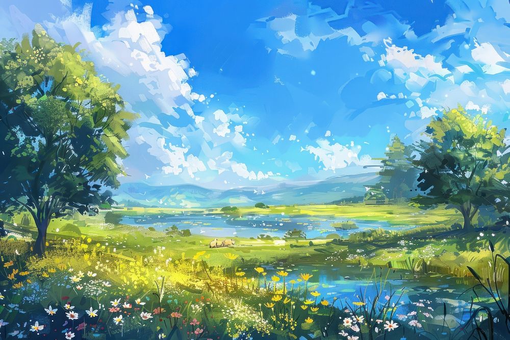 Lake landscapes grassland outdoors painting.