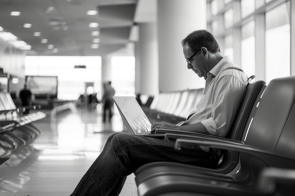Man on his laptop in the waiting room in the airport computer sitting reading.