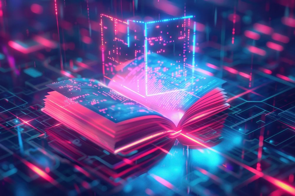 Abstract background with neon book icon technology illuminated publication.