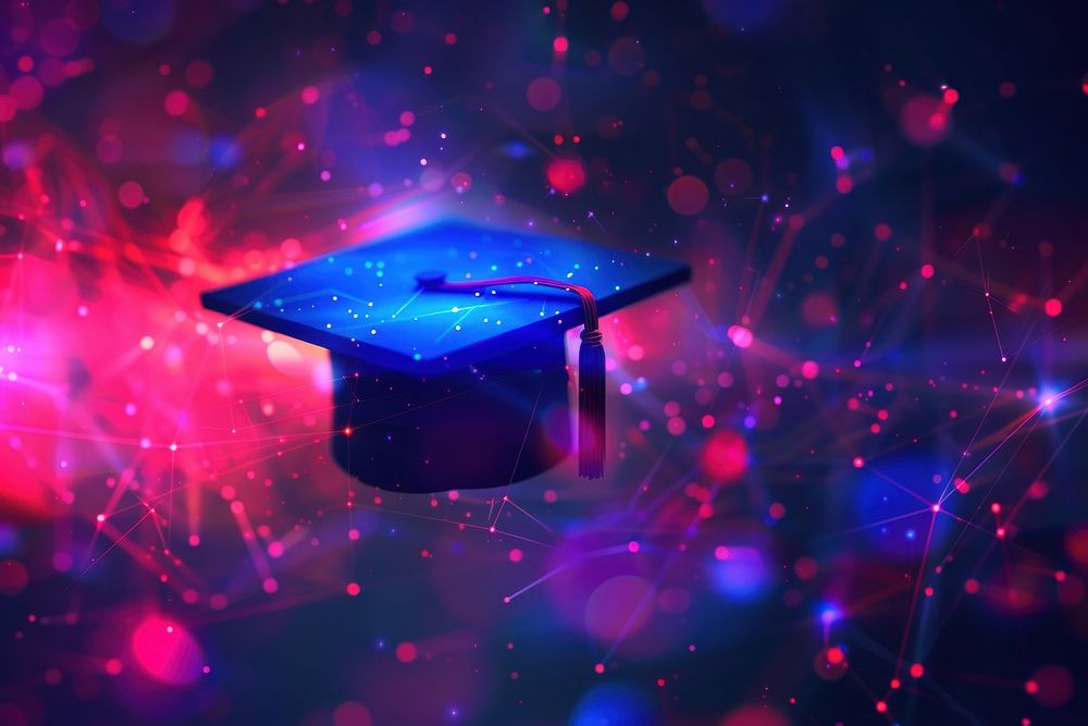 Abstract background with neon graduation hat icon purple red intelligence.