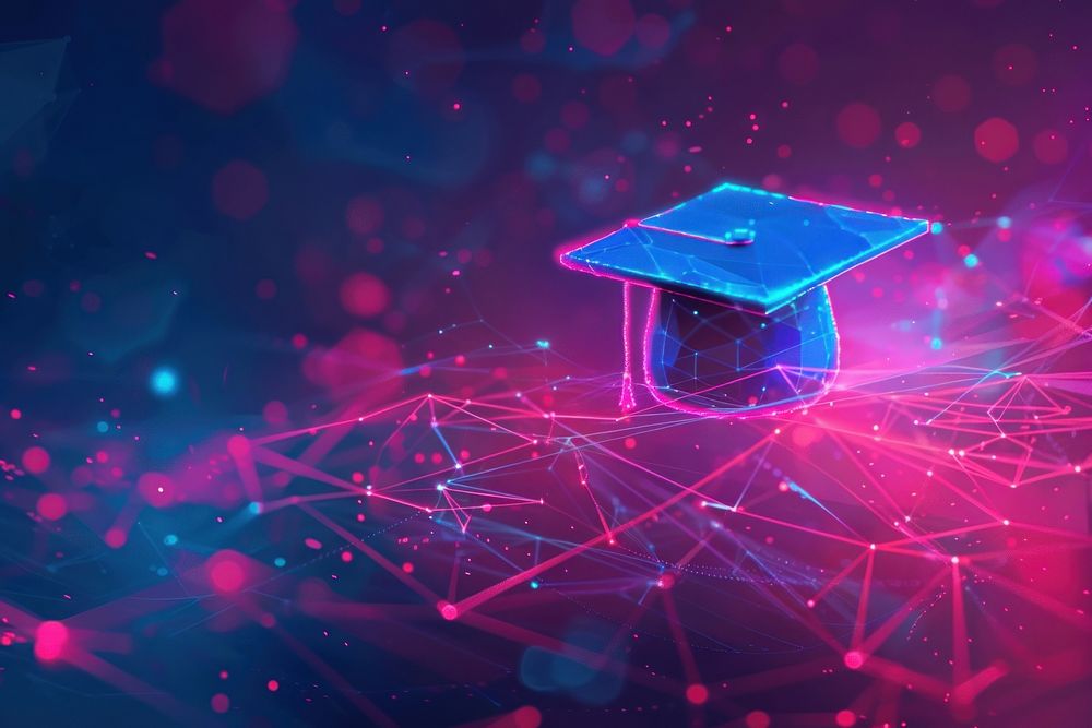 Abstract background with neon graduation hat icon technology intelligence cyberspace.