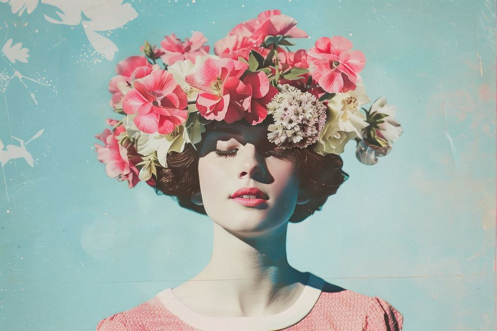 Retro collage of a woman art portrait flower.