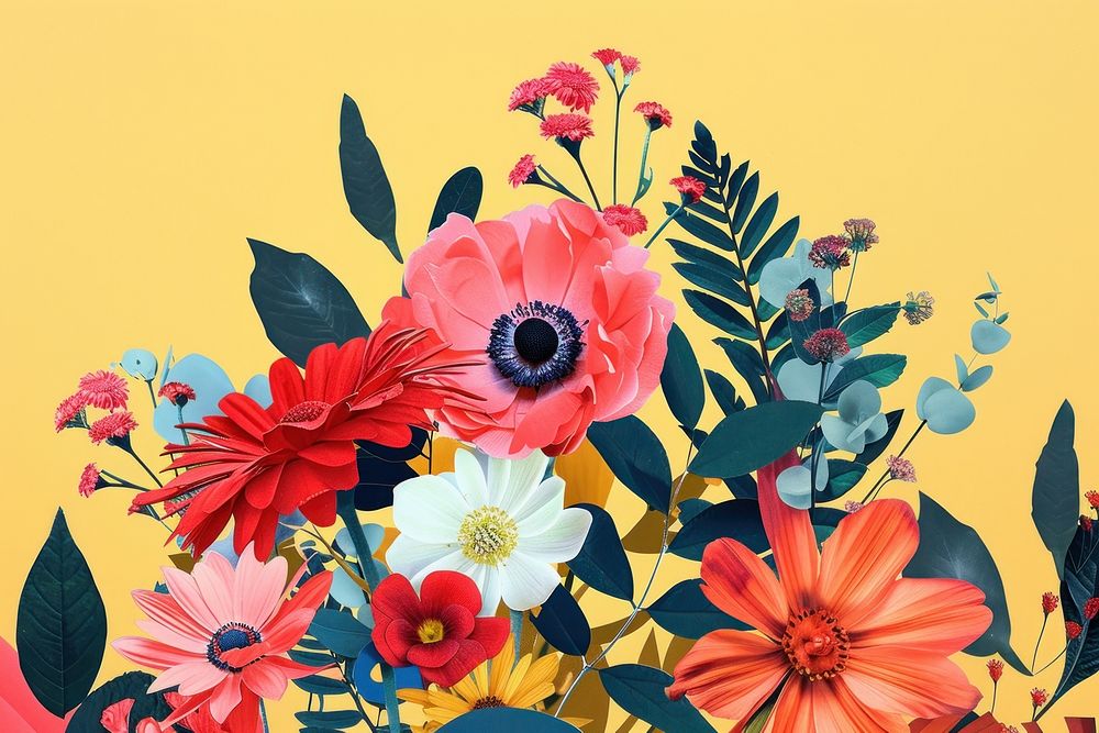 Retro collage of flowers art painting pattern.