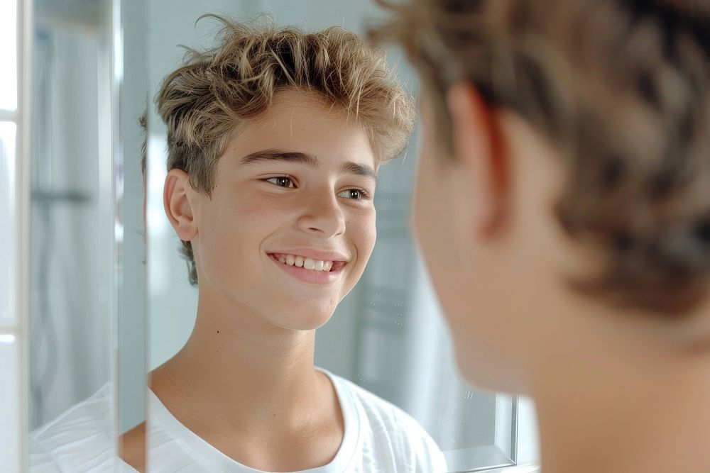 Smiling boy teen look in mirror smiling skin hairstyle.