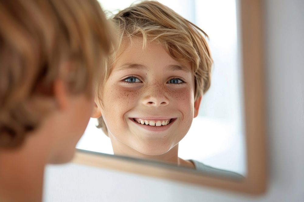 Smiling boy teen look in mirror portrait smiling smile.