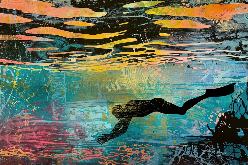 Silkscreen of a snorkeling art backgrounds painting.