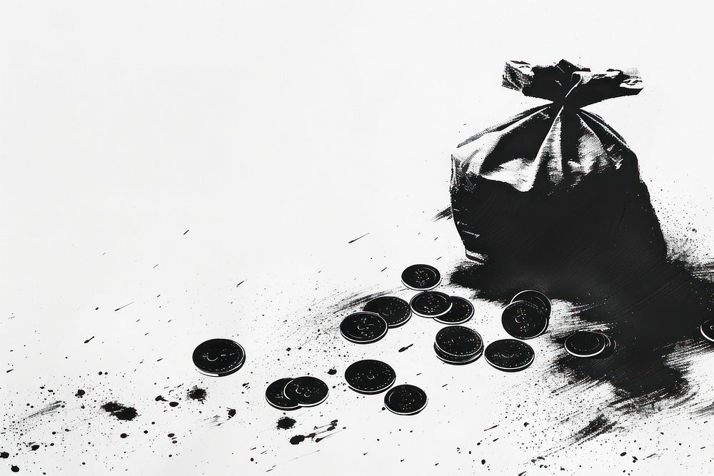 Silkscreen of bag of coins black splattered monochrome.