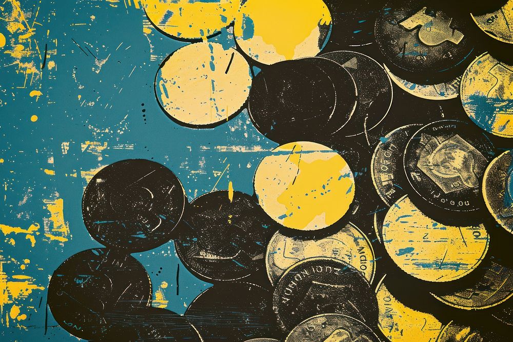 Silkscreen of bag of coins backgrounds yellow money.