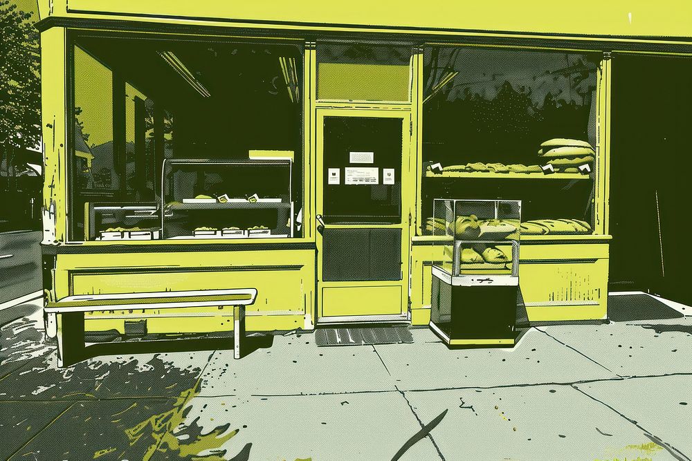 Silkscreen of bakery shop yellow transportation architecture.