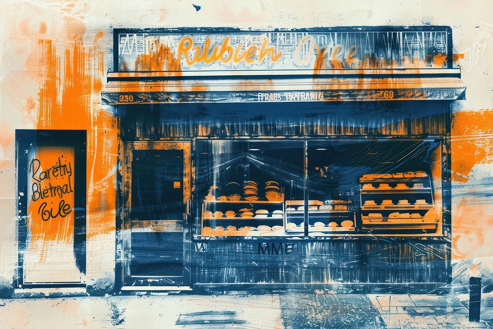 Silkscreen of bakery shop text art architecture.