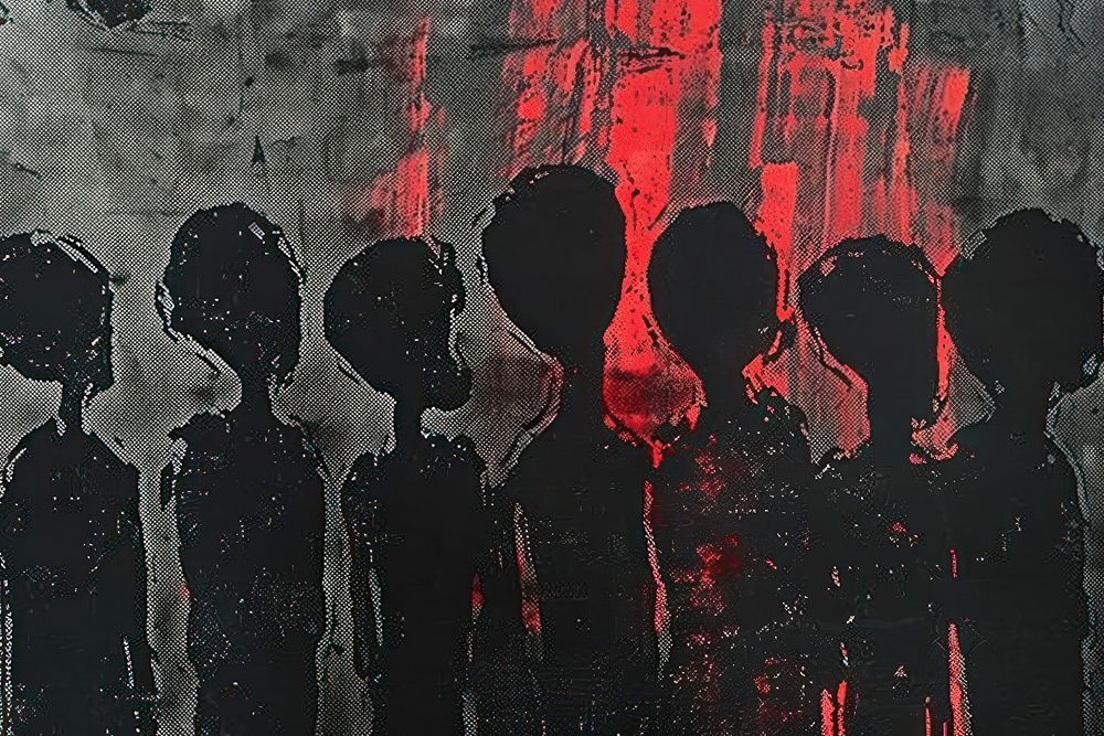 Silkscreen of sad people art silhouette painting.