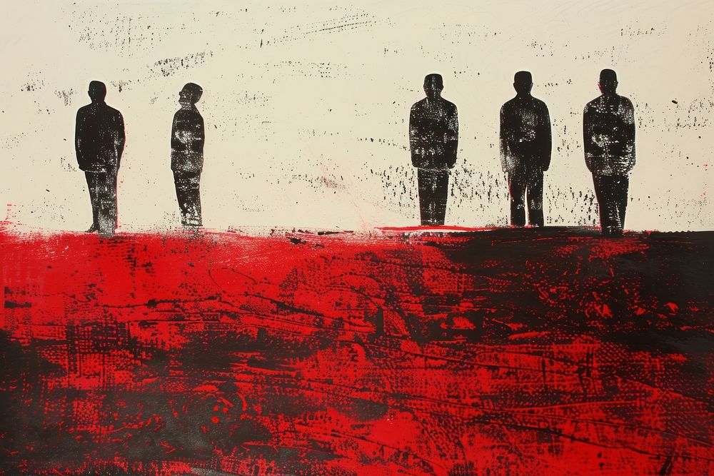 Silkscreen of sad people silhouette painting red.