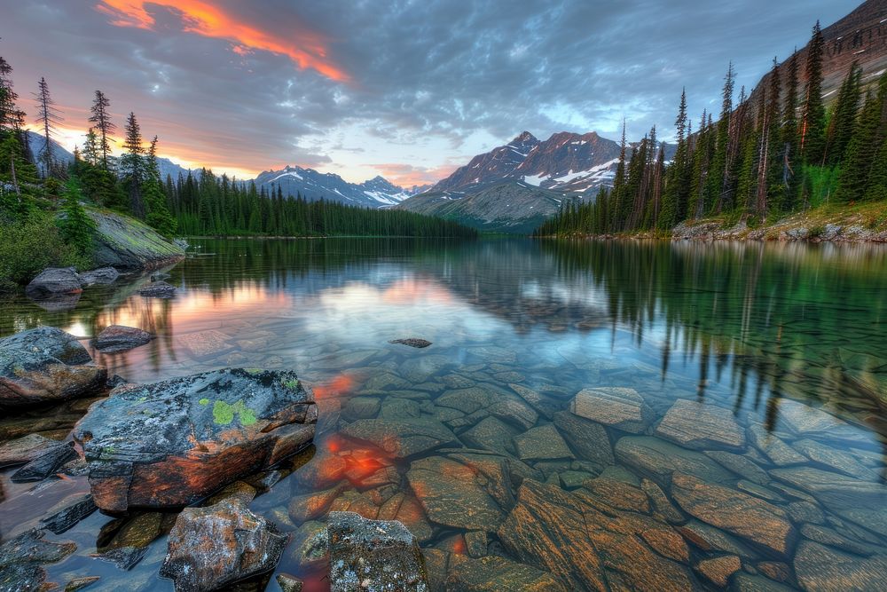 Sunset lake landscapes wilderness mountain outdoors.