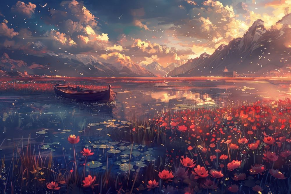 Sunset lake landscapes painting outdoors nature.